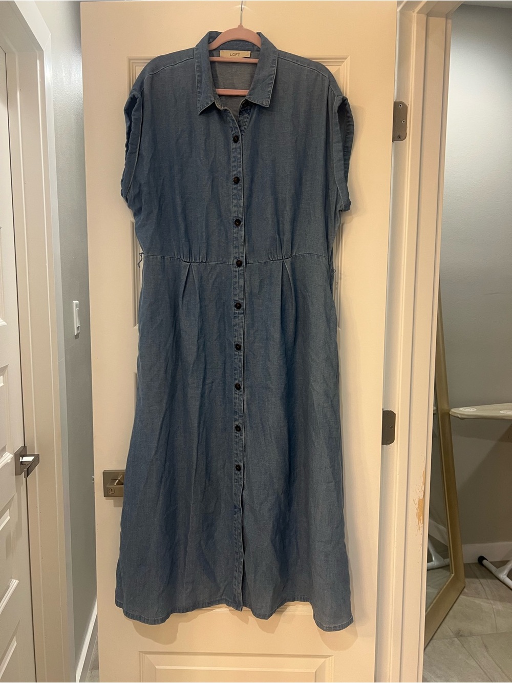 LOFT Denim-Look Button-Front Midi Dress in Blue